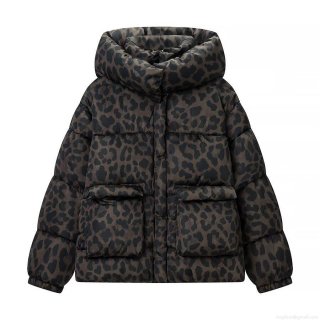 Women's Casual Leopard Print Hooded Padded Jacket Loose Winter Warm Polyester Coat With Pockets Long Sleeve Outerwear High Quality Warmth