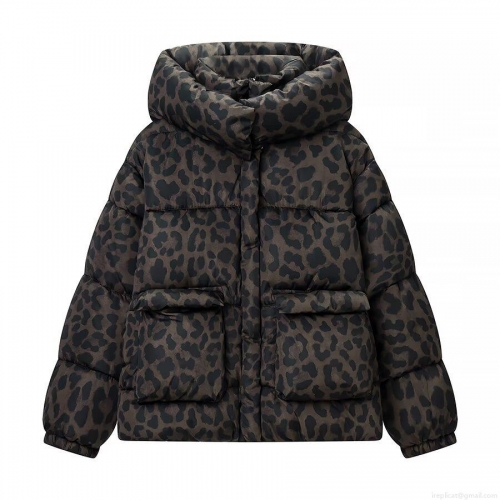 Women's Casual Leopard Print Hooded Padded Jacket Loose Winter Warm Polyester Coat With Pockets Long Sleeve Outerwear High Quality Warmth