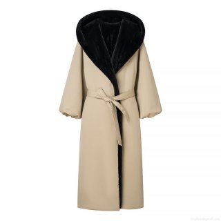Women's Fashion Long Hooded Cotton-Padded Coat Spandex Fabric With Black Faux Fur Lining Belted Tie Waist Loose Fit Warm Winter Outerwear Casual Trench Style Jacket