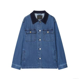Women Fashion Cotton Denim Jacket With Corduroy Collar Long Sleeve Button Down Washed Denim Coat For Winter Casual Style Ladies Outerwear With Pockets