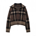 Women Vintage Plaid Knit Jacket Mohair Blend Loose Fit Zipper Cardigan Coat With Large Turn-down Collar For Autumn Winter Casual Wear