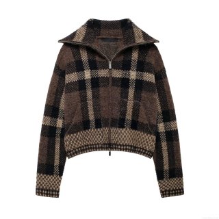 Women Vintage Plaid Knit Jacket Mohair Blend Loose Fit Zipper Cardigan Coat With Large Turn-down Collar For Autumn Winter Casual Wear