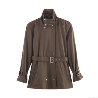 Women's Fashion Short Trench Coat Jacket Polyester Stand Collar Belted Double Breasted Solid Color Casual Outerwear For Daily Commuting