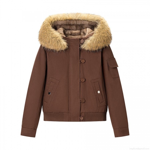 Women's Winter Warm Faux Fur Trimmed Hooded Cotton Padded Jacket Polyester Casual Solid Color Puffer Coat With Ribbed Cuffs And Hem