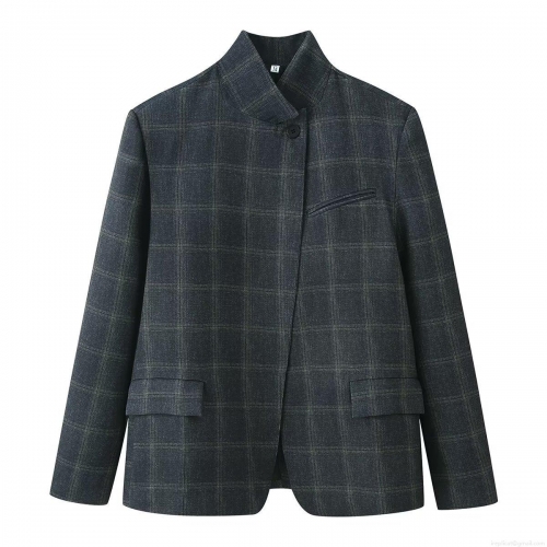 Women's Fashion Plaid Stand Collar Blazer Jacket Elegant Loose Fit Long Sleeve Commuter Suit Outerwear For Office Lady