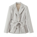 Women's Elegant Polka Dot Blazer Jacket With Large Bow Tie Waist Belt Fashion Lapel Long Sleeve Polyester Suit Outerwear Coat For Office Lady Commute