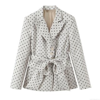 Women's Elegant Polka Dot Blazer Jacket With Large Bow Tie Waist Belt Fashion Lapel Long Sleeve Polyester Suit Outerwear Coat For Office Lady Commute