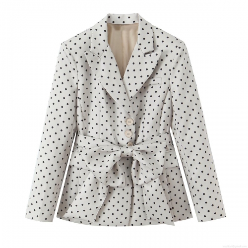 Women's Elegant Polka Dot Blazer Jacket With Large Bow Tie Waist Belt Fashion Lapel Long Sleeve Polyester Suit Outerwear Coat For Office Lady Commute