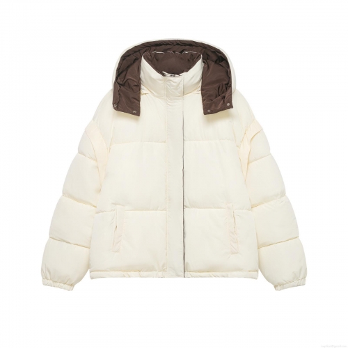 Women's Winter Contrast Hooded Puffer Jacket 100% Polyester Padded Coat Loose Fit Casual Warm Outerwear Windproof Zipper Button Closure For Ladies