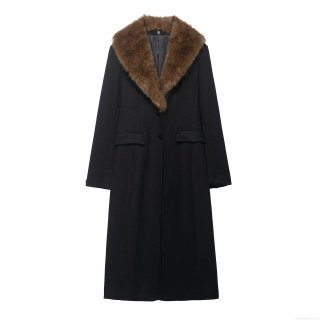 Women Winter Elegant Long Woolen Coat With Faux Fur Collar Thick Warm Polyester Single Breasted Trench Coat British Style Outwear For Women