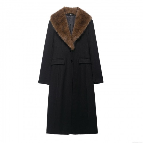 Women Winter Elegant Long Woolen Coat With Faux Fur Collar Thick Warm Polyester Single Breasted Trench Coat British Style Outwear For Women