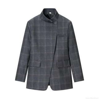 Women's Grey Plaid Stand Collar Asymmetric Blazer Jacket Slim Fit Elegant Worsted Checked Office Commuter One Button Suit Coat For Winter