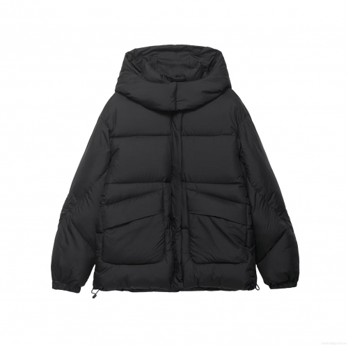Women's Casual Black Hooded Puffer Jacket Windproof Thickened Quilted Cotton Padded Coat With Pockets For Winter Daily Outdoor