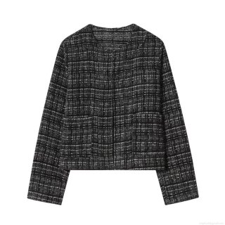 Women Elegant Tweed Jacket Round Neck Long Sleeve Small Fragrance Style Casual Outerwear For Women Spring Autumn Coat With Pockets