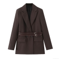 Women's Classic Deep Brown Blazer Jacket Elegant Mid-Length Suit With Double Waist Belts Lapel Double Breasted Office Lady Commuter Outerwear