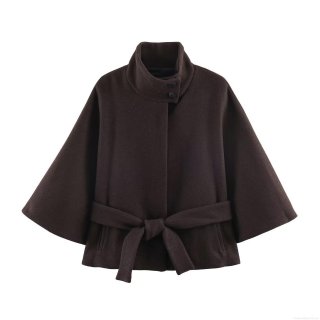 Women's Short Woolen Cloak Coat With Belt Elegant Stand Collar Batwing Sleeve Polyester Warm Outerwear For Winter Fall Daily Casual Lady