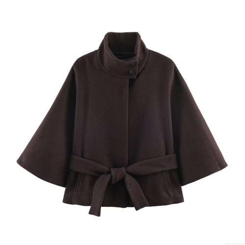 Women's Short Woolen Cloak Coat With Belt Elegant Stand Collar Batwing Sleeve Polyester Warm Outerwear For Winter Fall Daily Casual Lady