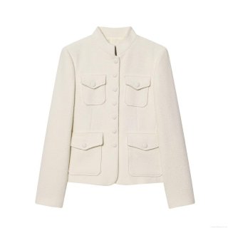Elegant Women's Milky White Tweed Jacket Standing Collar Long Sleeve Single Breasted Coat With Four Pockets Winter Office Wear Outwear