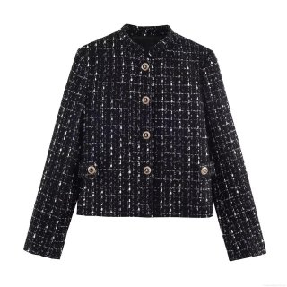 Women's Elegant Black Tweed Jacket Vintage Lion Metal Button Long Sleeve Short Outerwear For Office Party Fall Winter Polyester Jacket