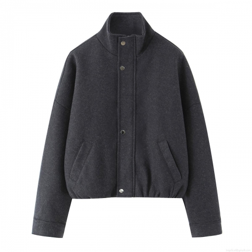 Women's Casual Woolen Like Bomber Jacket Stand Collar Loose Fashion Outwear Solid Color Simple Jacket With Pockets For Spring Autumn