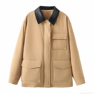 Women's Fashion Casual Padded Jacket With Faux Leather Lapel Contrast Color Khaki Zip Up Long Sleeve Coat With Pockets For Daily Wear