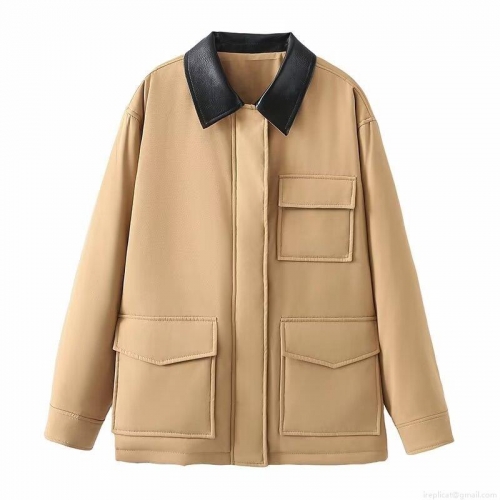 Women's Fashion Casual Padded Jacket With Faux Leather Lapel Contrast Color Khaki Zip Up Long Sleeve Coat With Pockets For Daily Wear