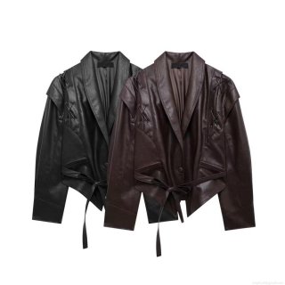 Women's Faux PU Leather Moto Jacket With Belt Cross Lace-up Shoulder Detail Lapel Long Sleeve Polyester Spandex Biker Coat Casual Outerwear