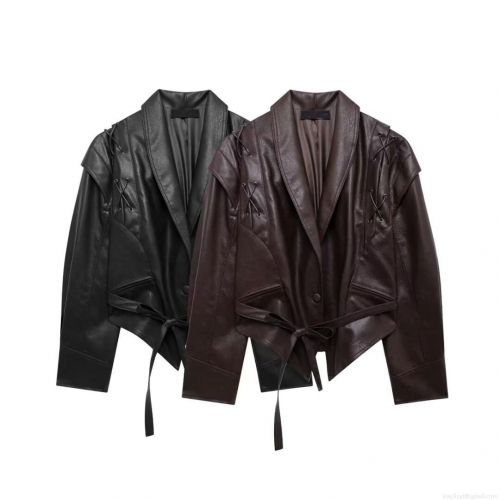 Women's Faux PU Leather Moto Jacket With Belt Cross Lace-up Shoulder Detail Lapel Long Sleeve Polyester Spandex Biker Coat Casual Outerwear