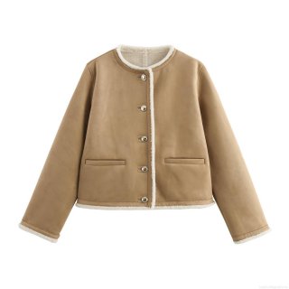 Women's Faux Suede Shearling Jacket Round Neck Gold Button Faux Lamb Wool Lined Short Coat Winter Warm Casual Outerwear for Ladies Camel Solid Color