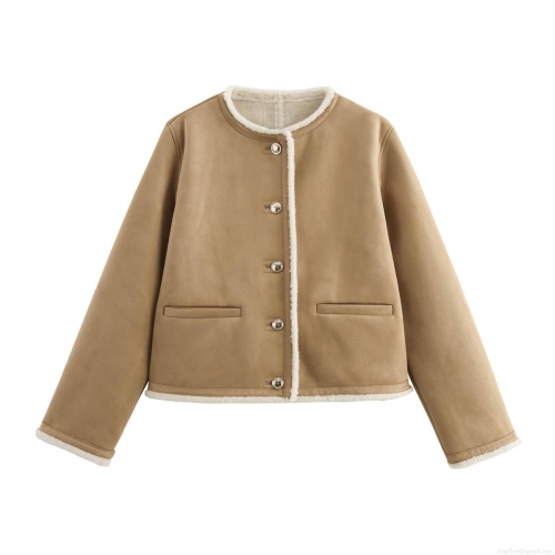 Women's Faux Suede Shearling Jacket Round Neck Gold Button Faux Lamb Wool Lined Short Coat Winter Warm Casual Outerwear for Ladies Camel Solid Color