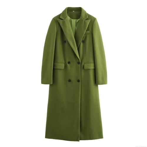 Women's Long Woolen Coat Double Breasted Suit Collar Moss Green Winter Overcoat Office Lady Elegant Warm Outerwear Jackets Longline Trench Coat