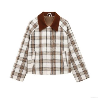 Women's Casual Plaid Jacket Loose Fit Lapel Collar Long Sleeve Zipper Coat Fashion Polyester Cotton Blend Outerwear For Spring Autumn