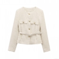 Women's Elegant Cream Tweed Jacket With Belt Round Neck Long Sleeve Gold Button Office Commuter Chanel Style Short Outerwear Coat