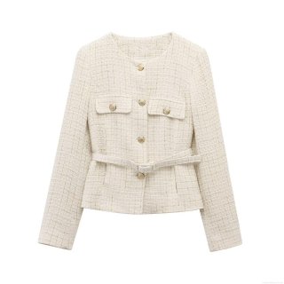 Women's Elegant Cream Tweed Jacket With Belt Round Neck Long Sleeve Gold Button Office Commuter Chanel Style Short Outerwear Coat