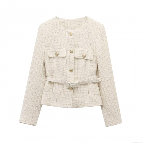 Women's Elegant Cream Tweed Jacket With Belt Round Neck Long Sleeve Gold Button Office Commuter Chanel Style Short Outerwear Coat