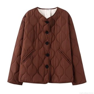Women's Casual Loose Quilted Cotton Padded Jacket Round Neck Long Sleeve Button Down Mid-Length Warm Puffer Coat Plain Solid Color Outerwear For Women