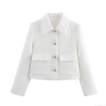 Women Elegant White Tweed Jacket Chanel Style Single Breasted Gold Buttons Long Sleeve Short Outerwear For Commute Party Ladies Fashion Crop Coat
