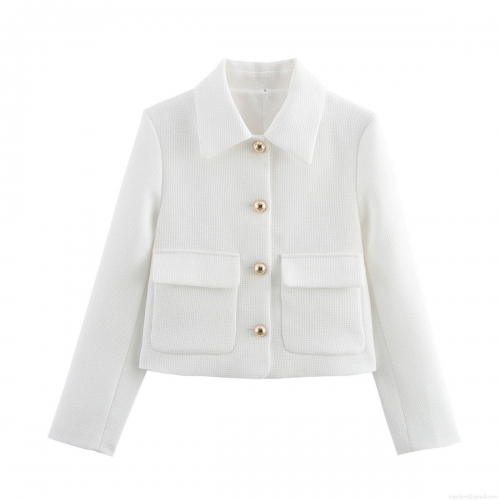 Women Elegant White Tweed Jacket Chanel Style Single Breasted Gold Buttons Long Sleeve Short Outerwear For Commute Party Ladies Fashion Crop Coat
