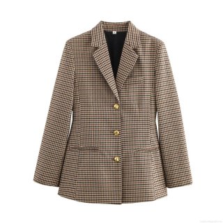 Women Houndstooth Blazer Vintage Elegant V-Neck With Belt Polyester Long Sleeve Button Down Office Lady Suit Jacket Outwear
