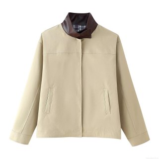 Women's Fashion Color Block Patchwork Jacket Casual Loose Fit Khaki Outwear With Faux Leather Collar And Plaid Lining For Daily Commuting