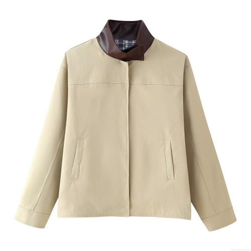 Women's Fashion Color Block Patchwork Jacket Casual Loose Fit Khaki Outwear With Faux Leather Collar And Plaid Lining For Daily Commuting