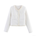 Women's Elegant White Tweed Jacket With Pearl Buttons Gold Braided Trim Long Sleeve Round Neck Short Coat For Commuting Party Lady Classic Outerwear