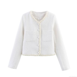 Women's Elegant White Tweed Jacket With Pearl Buttons Gold Braided Trim Long Sleeve Round Neck Short Coat For Commuting Party Lady Classic Outerwear