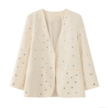 Women's Elegant Creamy White Blazer Jacket With Silver Metal Rivets Sequins 100% Polyester Open Front Long Sleeve Office Commuter Suit For Ladies