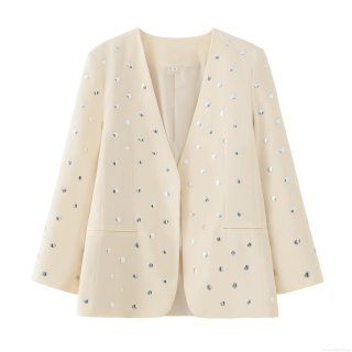 Women's Elegant Creamy White Blazer Jacket With Silver Metal Rivets Sequins 100% Polyester Open Front Long Sleeve Office Commuter Suit For Ladies
