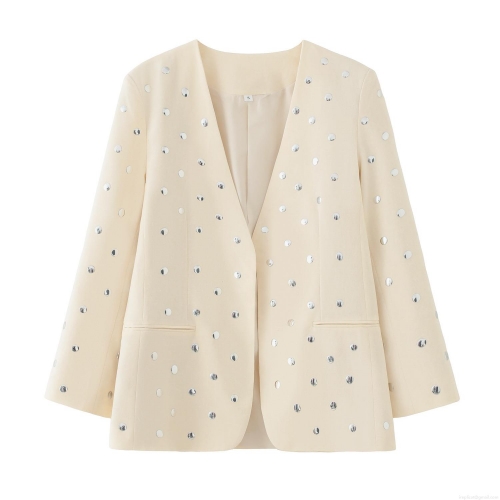 Women's Elegant Creamy White Blazer Jacket With Silver Metal Rivets Sequins 100% Polyester Open Front Long Sleeve Office Commuter Suit For Ladies