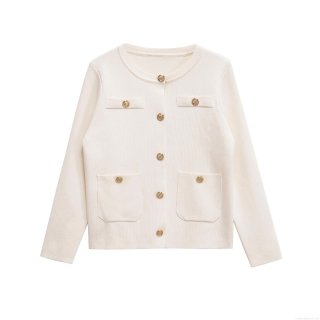 Women's Elegant Round Neck Knit Cardigan Jacket Mercerized Cotton Blend Gold Buttons Four Pockets Long Sleeve Chic Vintage Style Outerwear For Women