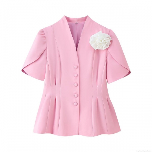 Women Elegant Pink V-Neck Short Sleeve Blazer Top With 3D Flower Decoration Waist Slimming Summer Office Commuter Suit Jacket Fashion Outerwear