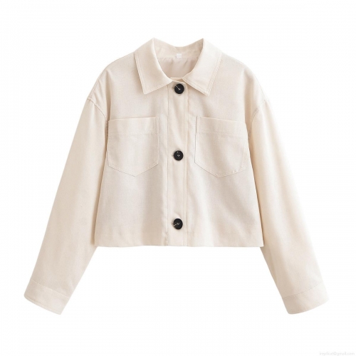 Women's Casual Linen Texture Short Jacket Loose Fit Long Sleeve Turn-down Collar Button Up Outwear With Pockets Solid Color Summer Fashion Top