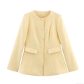 Women's Elegant Solid Pale Yellow Twill Jacket Round Neck Single Breasted Slim Fit Casual Commuting Long Sleeve 100% Polyester Outerwear Top